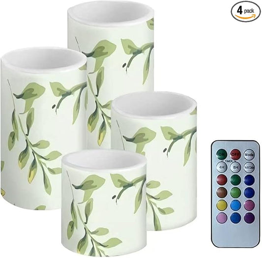 Green Leaves Flameless Candles Battery Operated Candles Set of 4 with 18-Key Remote Control Timer Dancing Flame Pillar Candles for Home Beach Hotel