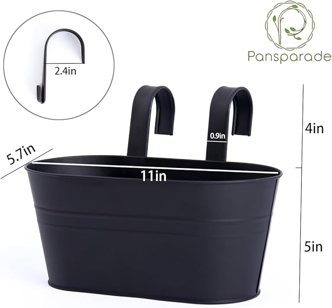 3 Pack Metal Hanging Flower Pots for Railing Fence，Outdoor Balcony Rail Planter with Detachable Hooks Drainage Holes for Deck Garden Home Decor Black