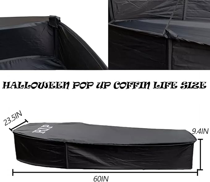 Halloween Pop Up Coffin with Lid, 60 inch Coffin Prop life size Collapsible, Scary Fake Coffin Prop Really Size for Graveyard, Halloween Cemetery decorations Outdoor, Lawn, Party, Haunted House