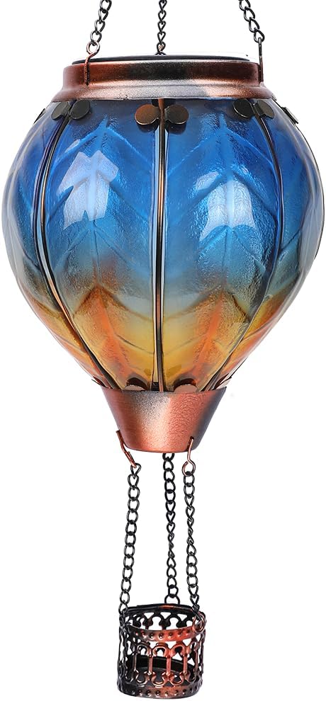 Hot Air Balloon Solar Lantern with Flickering Flame Hanging Solar Lanterns Outdoor Lights Waterproof Lanterns Decorative Garden Patio Yard Party Decor Wavy-Colorful + Blue