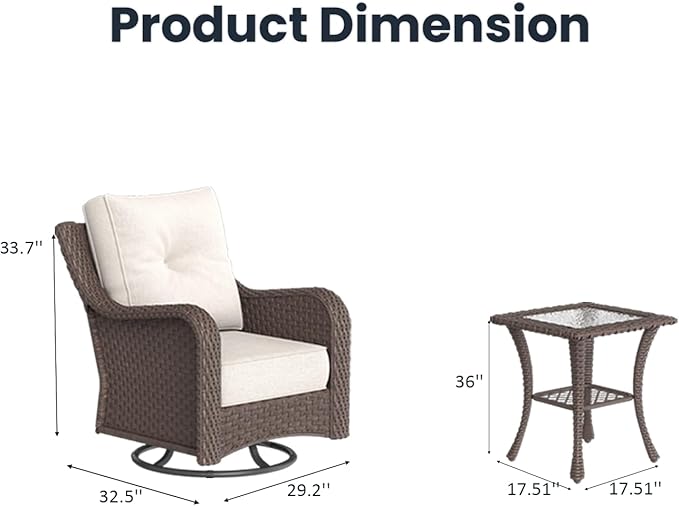 6 Pieces Outdoor Patio Furniture Sets with Rocking Swivel Chairs with 6-inch Thick Cushion and Side Table for Deck Lawn