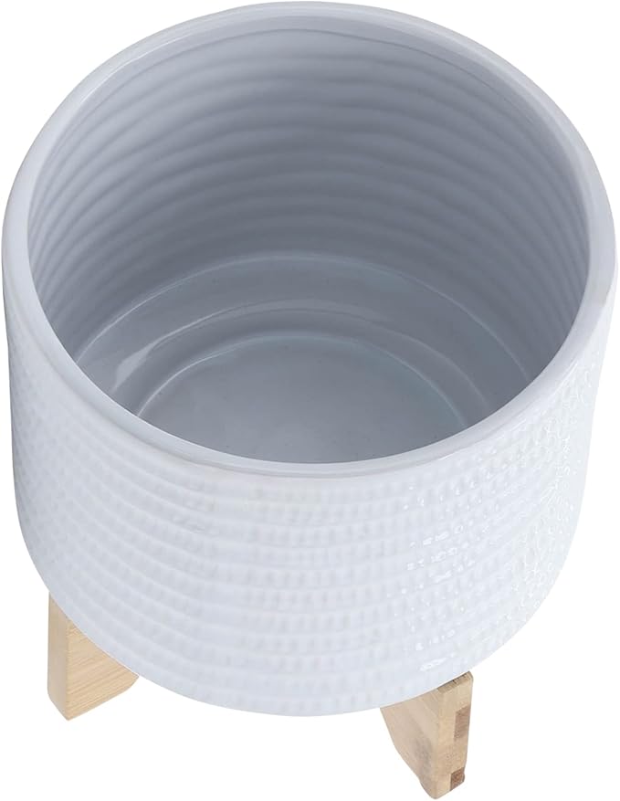 8" Ceramic Planter Stand, White with Wooden Base, Indoor/Outdoor Planter with Stand for Your Succulents and Small Plants, White Planter