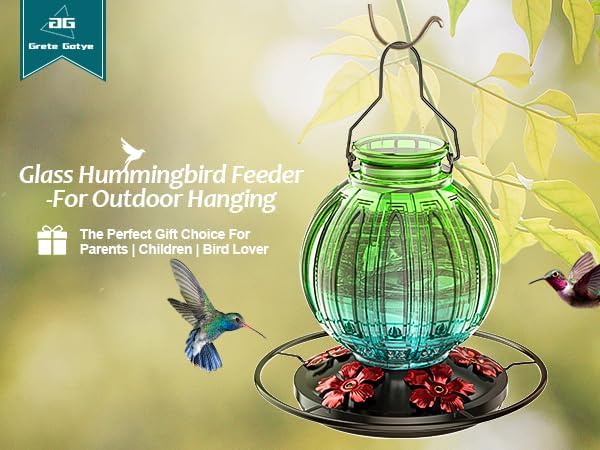 Glass Hummingbird Feeder for Outdoors Hanging, Bird Nectar Feeder with Perch & 5 Flower Feeding Ports, 26 Oz Leak Proof for Outside Garden Decor Backyard, Gifts for Women Mom, Green & Blue