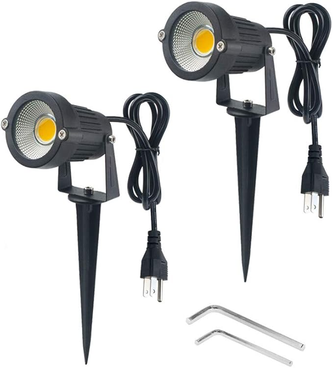 2 Pack Outdoor Landscape Lighting 5W COB LED Spotlights for Garden Lawn Wall Yard Path with Spiked Stand and Plug Adapter (Warm White)