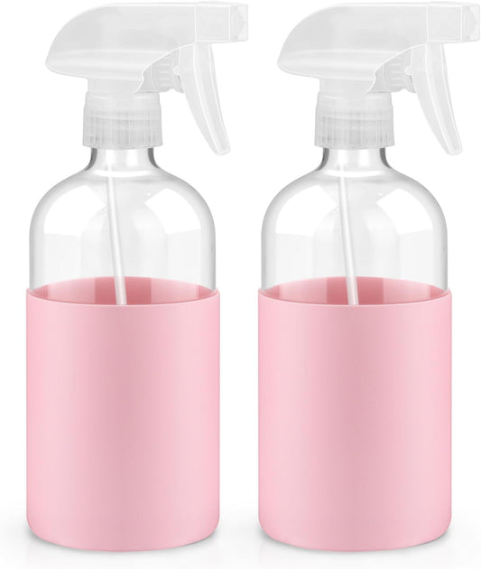 2 Pack Glass Spray Bottles with Long Silicone Sleeve, 16 oz Empty Refillable Containers with Adjustable Spray Nozzles, Spray Bottles for Hair, Cleaning Solutions and Plants Pink
