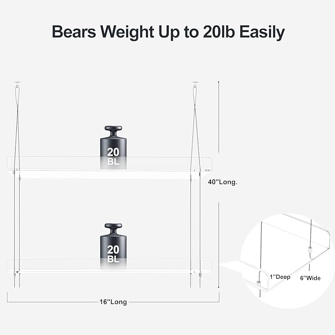 2-Tier Hanging Clear Plant Shelves for Windows, Acrylic Window Wall Plant Stand Shelf for Kitchen Indoor Gardens, Flower, Succulents, Herb, Seedling Organization, and Pots Display, 16 Inch per Tier