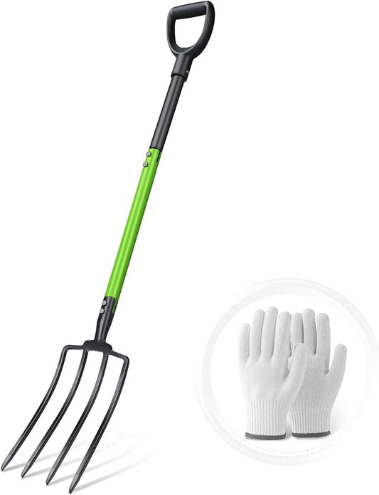 GARDENWORK Garden Fork,Pitchfork for Garden Digging Compost Spading,4-Tines Pitch Fork with Steel Handle and Strengthen Fork Head 45inches (with Protective Gloves)