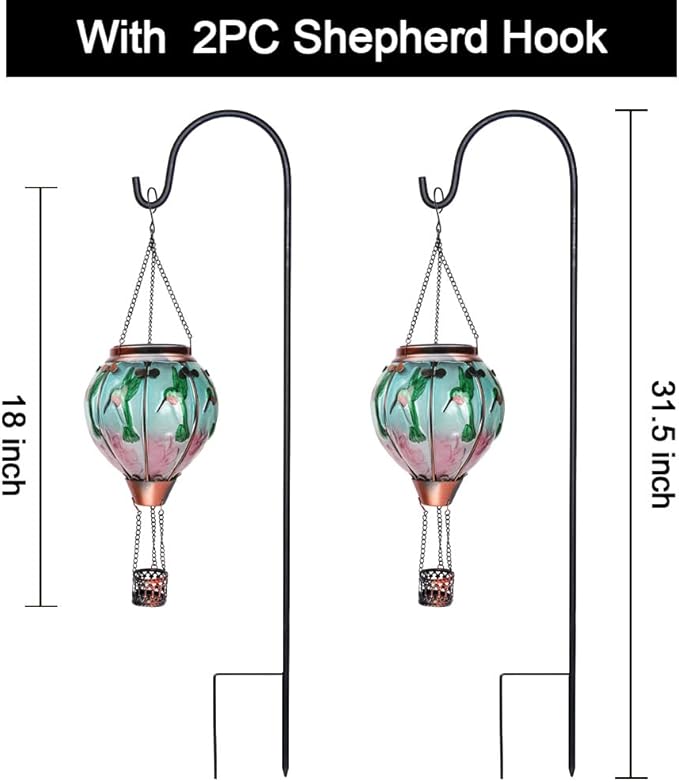 2PC Hot Air Balloon Solar Lantern with 2PC Shepherd Hook, Flickering Flame Hanging Solar Lanterns Outdoor Lights Waterproof Lanterns Decorative Garden Patio Yard Party Decor (Hummingbirds)
