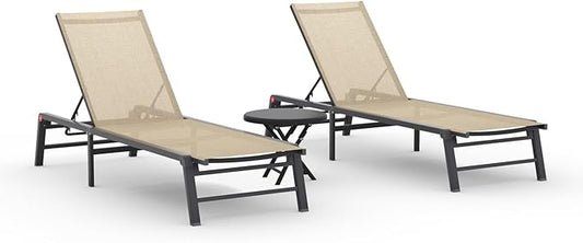 Aluminum Chaise Lounge Chair Outdoor, Foldable Patio Lounge Chair 2 Sets with Table Assemble-Free, Pool Lounge Chairs with 5 Adjustable Backrest, Outdoor Lounge Chairs for Outside Poolside Flaxen