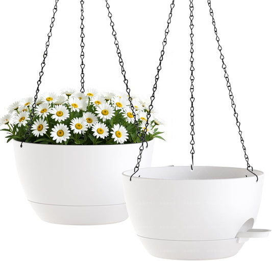 10 Inch Hanging Planters with Chains 2 Pack Self Watering White Plastic Hanging Pots for Indoor Outdoor Plants, Garden Porch Home Decor (White)