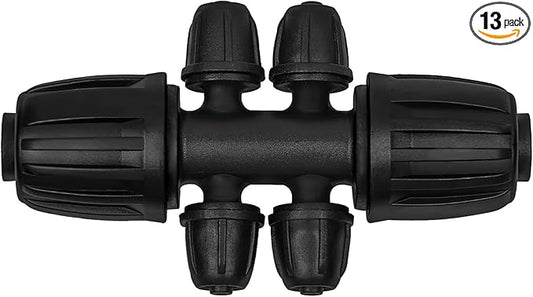 13 Pcs Drip Irrigation Fittings for 1/2 Inch Tubing (1/2" ID x 0.65" OD) to 1/4 Inch Irrigation Tubing, Locked Barbed 1/2" to 1/4" Reducing Tee Connector Drip Line Parts