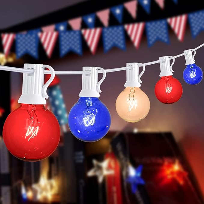 4th of July Decorations String Lights, 25Ft Outdoor Patio String Lights with 27 G40 Red White and Blue Light Bulbs(2 Spare), Multcicolor Christmas Lights for Patriotic Party Garden Festival Decor
