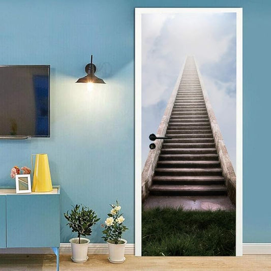 3D Staircase Door Stickers - Peel & Stick - Waterproof & Washable - Matt Finish - Modern Style - White - 37.4" x 78.7" (2 Parts)
