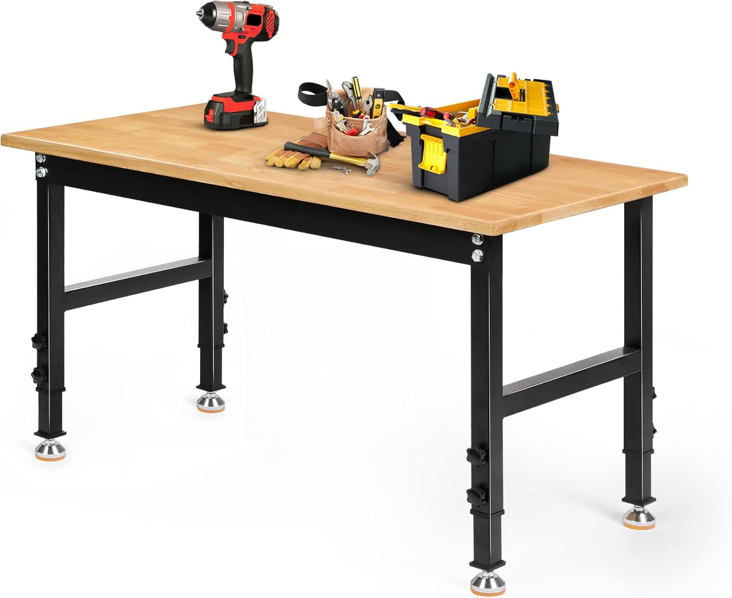 48" Heavy-Duty Adjustable Workbench for Garage, Rubber Wood Shop Table W/Rubber Pads, Hardwood Workstation Weight Capacity Over 2000 Lbs