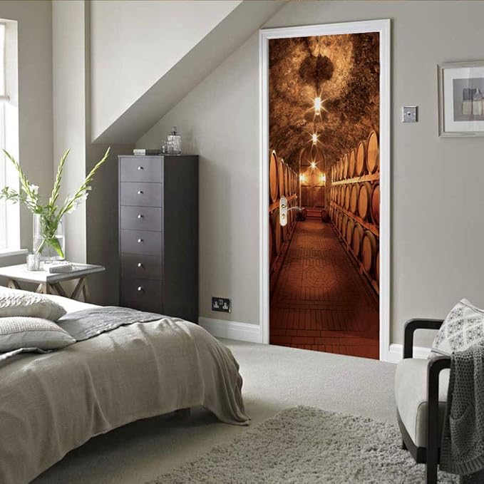 3D Door Stickers Murals - Peel and Stick Wine Cellar Theme - Removable PVC Waterproof Door Poster for Bedroom & Living Room - 37.4" x 78.7"