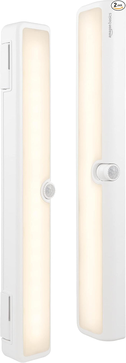 Amazon Basics LED USB/Battery Operated Light Bar, Swivel Motion Sensor, Stick on Lights, 250 Lumens, 12 Inches, Under Cabinet Lighting, Closet, Kitchen, 2 Pack, White
