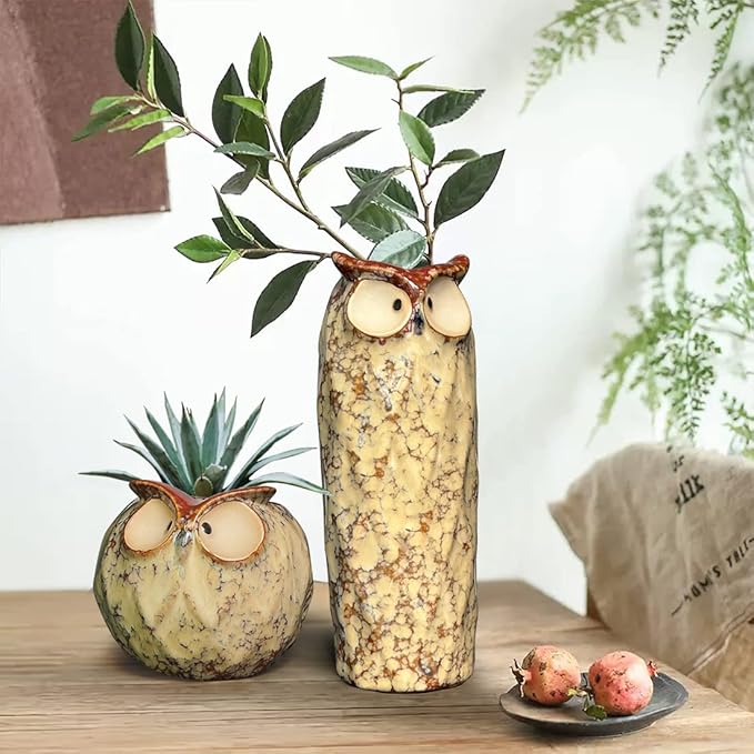 GeLive Owl Planter Ceramic Succulent Plant Pot Fun Animal Flower Container Decoration Tabletop Decor Windowsill Box with Drainage Hole (Round Owl Planter)