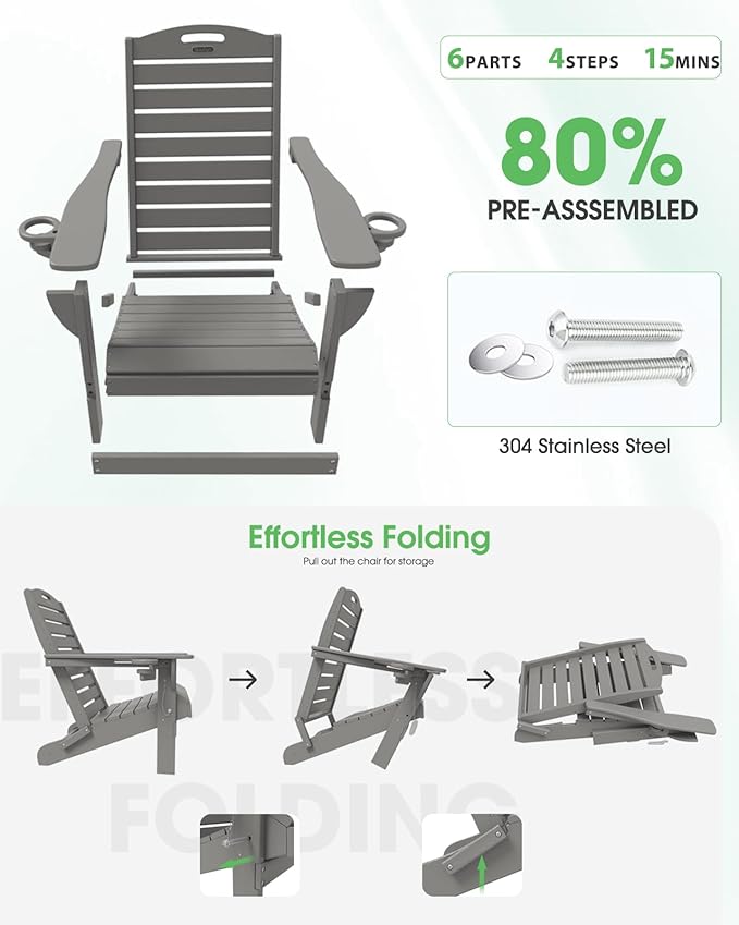 Adirondack Chairs Set of 2, Outdoor Fire Pit Chairs, HDPE All-Weather Adirondack Chairs with Cup Holder, Lawn Chair for Deck, Patio, Garden (Grey)