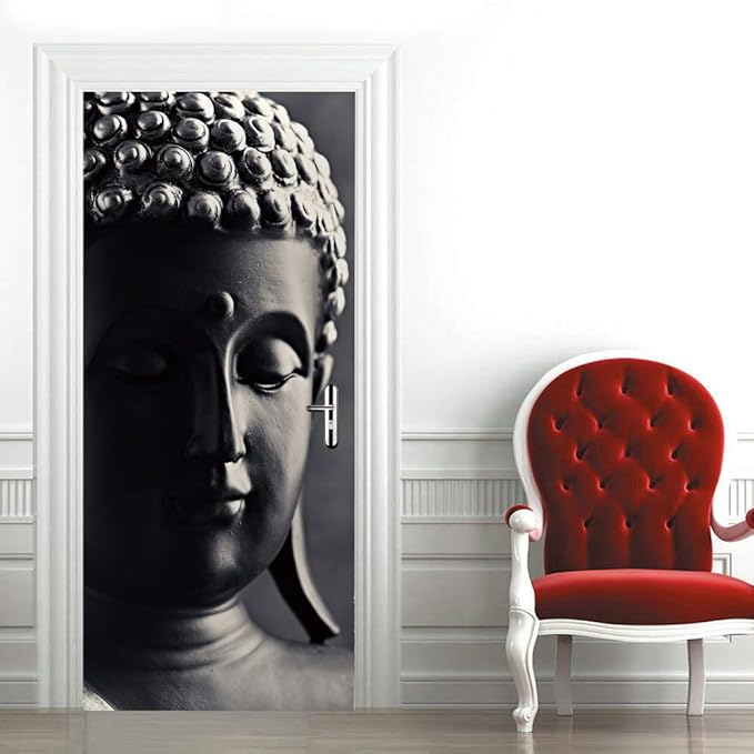 3D Door Stickers Murals - Buddha Statue - Peel and Stick - Waterproof & Washable - Black - Traditional Style - Rectangular - 34.6" x 78.7" - 2 Pieces