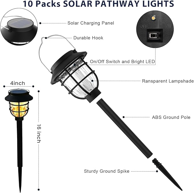 10 Pack Solar Pathway Lights Outdoor - Bright Solar Powered Garden Lights with 3000K Warm LED, Auto On/Off Waterproof Path Lights Decorative, Landscape Lighting for Yard Patio Walkway Driveway