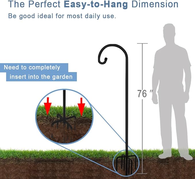76 inch Outdoor Shepherd Hook with 7 Prong Base (1 Pack), Adjustable Heavy Duty Garden Hanging Stake for Bird Feeder Solar Light Plant Hanger Wedding Decor, Matte Black