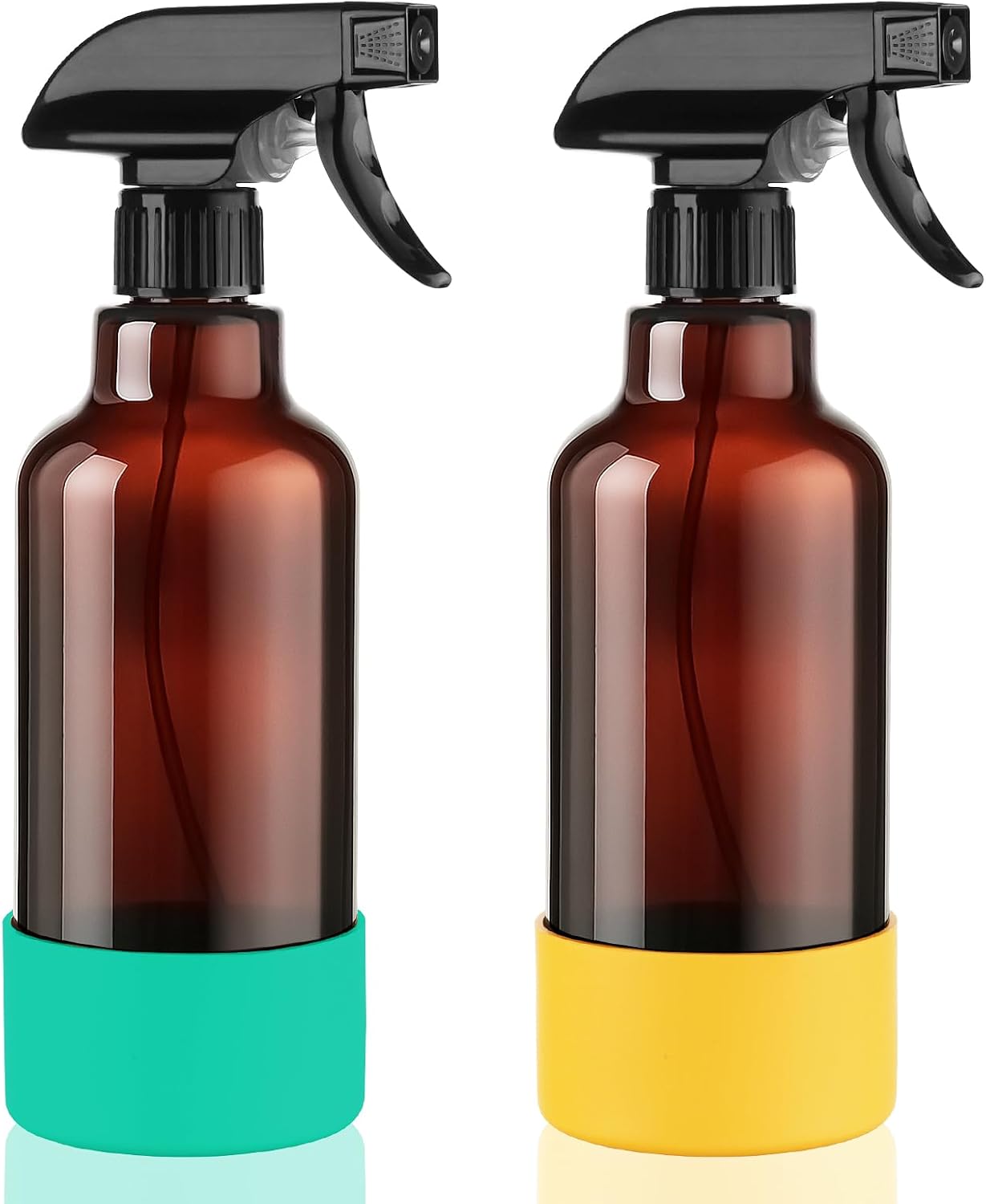 Glass Spray Bottles with Silicone Sleeve 16.9oz 2 Pack Empty Spray Bottle for Hair Mist/Stream Spraying for Cleaning Solutions, Plants, Essential Oils (Brown-green&yellow)