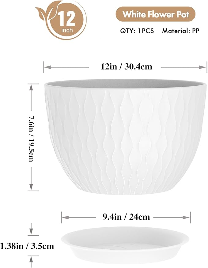 12 Inch Large Plant Pots for Indoor or Outdoor Plants, Wide Water Ripples Flower Pots with Drainage Holes & Saucer, Plastic Planters Set for Garden & Home Decor (White)