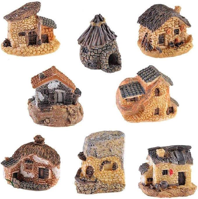 8pcs Miniature Fairy Garden Houses Resin Mini House Figurine Small Village Hut Figurine Cottage DIY Micro Landscape Garden Decor Ornament Accessories for Bonsai,Succulent Planting,Terrarium,Flower Pot