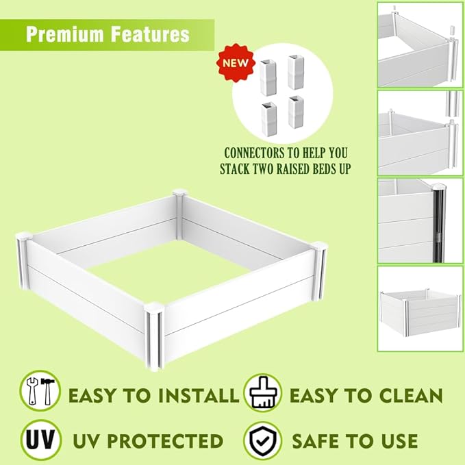 4'x4' White Vinyl Raised Garden Bed Kit, Outdoor Above Ground Garden Box for Growing Vegetables, Flowers, Herbs, DIY Gardening, Whelping Pen and More