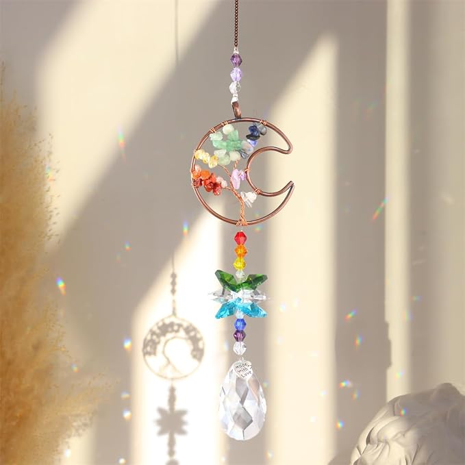 3pcs Rainbow Chakra Crystal Suncatcher Windows Hanging Tree of Life Sun Catchers Decor with Prisms for Car, Feng Shui Charms Decor for Home
