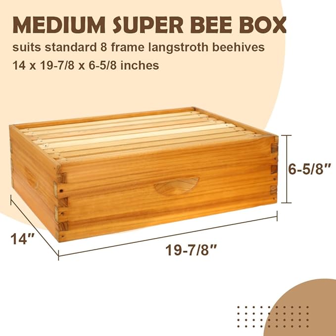 8 Frame Bee Hive Box, Langstroth Medium Super Bee Box Dipped in 100% Beeswax Include Beehive Frames and Waxed Foundation Sheets (Unassembled)