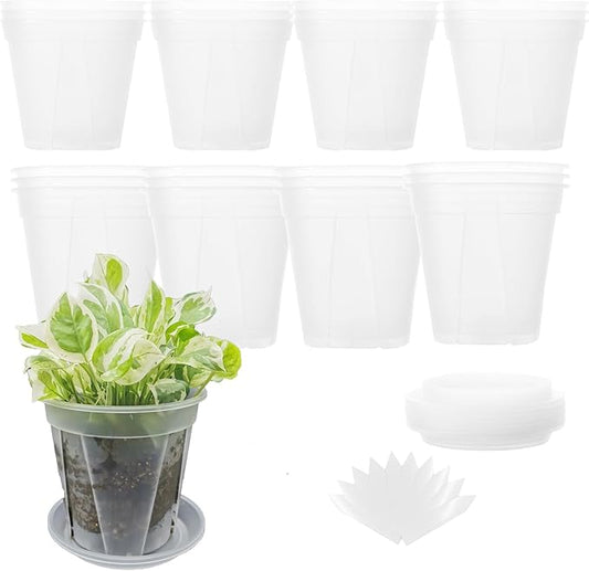 24 pcs 5/6 inch Clear Nursery pots for Plants,Thick Plastic Clear Plant pots with Drainage Holes and Saucers for Orchids,Succulents etc,Outdoor or Indoor use