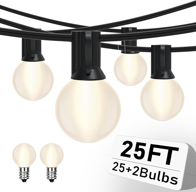 25FT Frosted White Lights G40 Globe Outdoor String Lights Patio Lights with 25 Frosted White Globe Bulbs - Black Wire