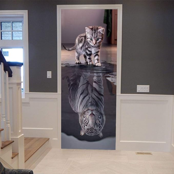 3D Door Stickers Murals Peel and Stick - Cat Becomes Tiger - Door Wallpaper Self-Adhesive Door Decals Removable PVC Waterproof Door Poster for Bedroom Living Room Door 37.4" x 78.7"