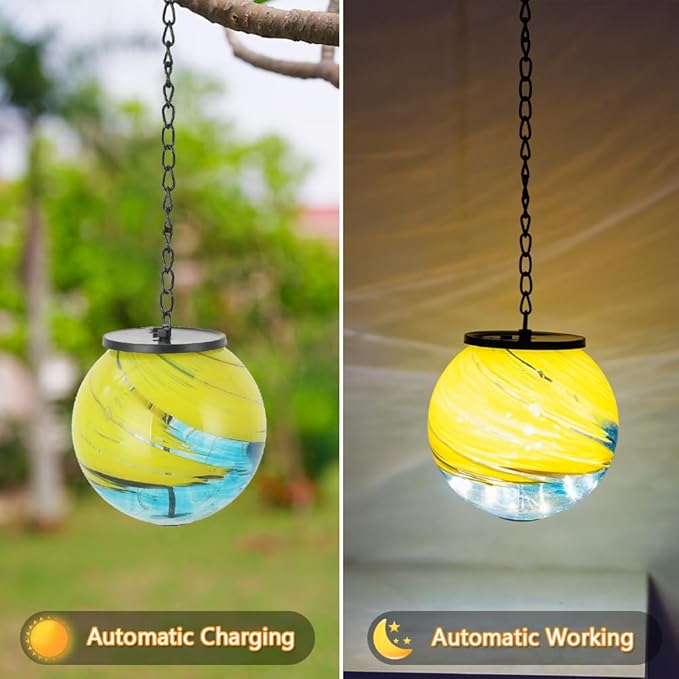 Hanging Solar Lanterns Outdoor Waterproof, Gazing Ball Globe Solar Lantern, Hanging Glass Lantern for Garden Yard Tree Outdoor Decoration