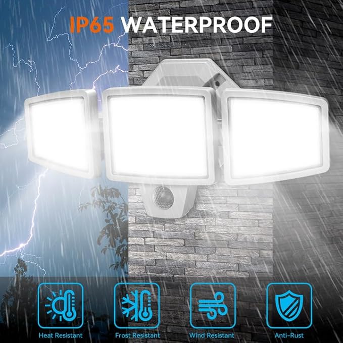 65W LED Flood Light Outdoor, 6500LM, Waterproof, 6500K Motion Sensor Flood Lights Outdoor with Adjustable 3 Head Detected Floodlight for Outside Entryway Garage, Yard, Porch, White, 2 Pack