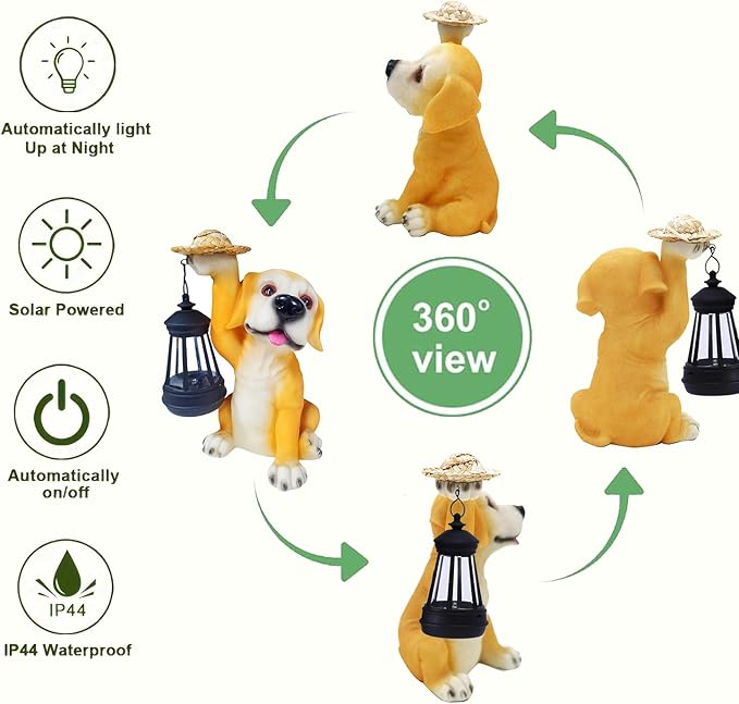 Garden Dog Statues - Adorable Resin Dog Figurines with Straw Hat and Solar LED Lantern, Puppy Decorations Outdoor Solar Light for Yard Patio Lawn Porch, Ornament Gift
