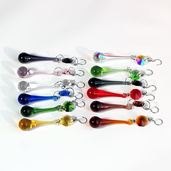 12pcs Raindrop Crystal Chandelier Prisms Parts, Colored 53mm Hanging Crystals Beads for Window, Home Decoration (Multi Color)
