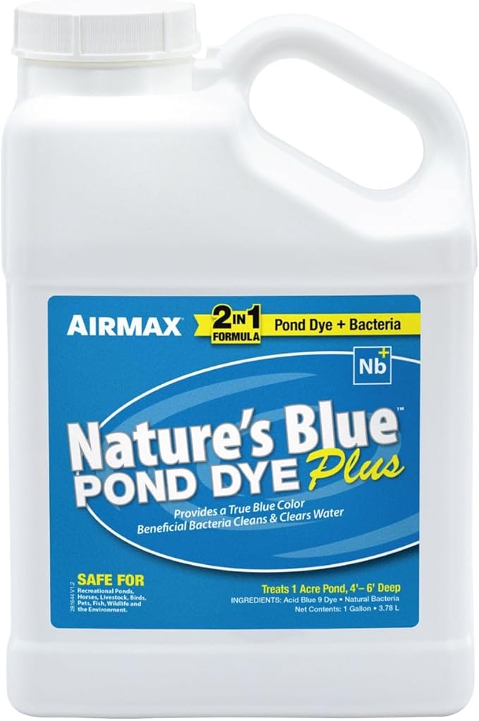 Airmax Pond Dye Plus, Nature's Blue Colorant & Natural Beneficial Bacteria, Large Pond & Lake Water Clarifier & Color Treatment, Shade Plants & Algae from Sunlight, Fish & Livestock Safe, 1 Gallon