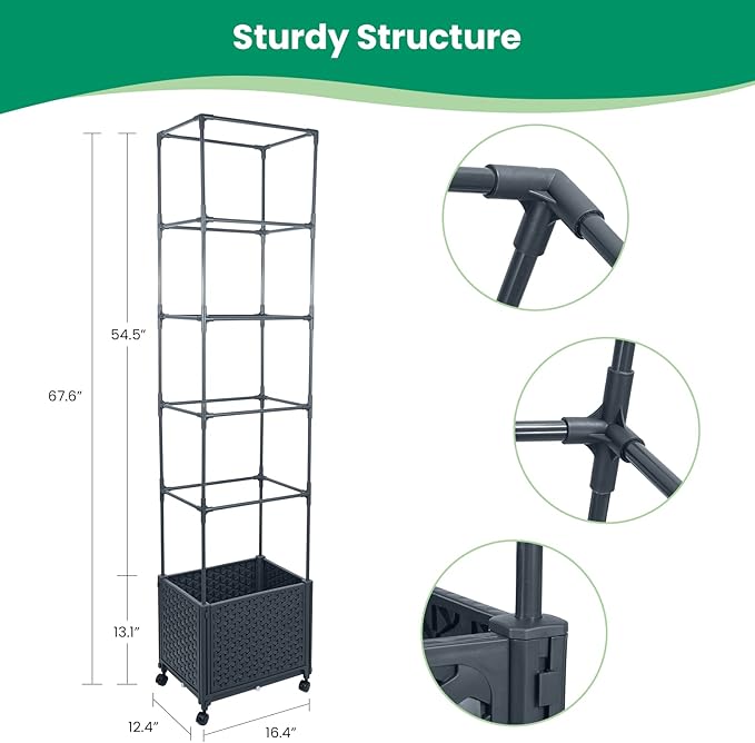 GREEN MOUNT Raised Garden Bed Planter Box with Trellis for Climbing Vegetables Plants, 67.6" Outdoor Tomatoes Planters Tomato Cage w/Wheels