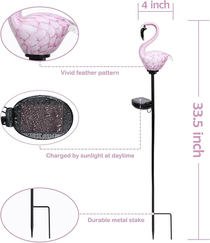 Afirst Solar Outdoor Lights Decorative - Solar Garden Stake Lights Flamingo Handblown Glass Garden Stakes Garden Pathway Lights Outdoor Waterproof Glass Stakes 4" W 2 Pack