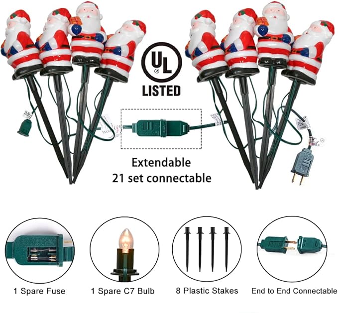 Goothy 2 Sets Santa Christmas Pathway Stakes Lights, 7Ft C7 Outdoor String With 8 Santa Claus Driveway Marker, Connectable Decorations for Yard Garden Walkway