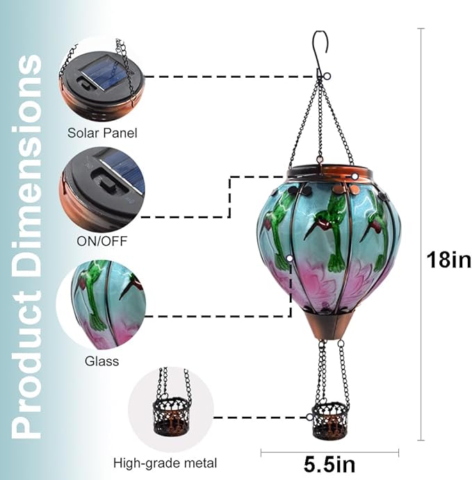 Hot Air Balloon Solar Lantern with Flickering Flame Hanging Solar Lanterns Outdoor Lights Waterproof Lanterns Decorative Garden Patio Yard Party Decor Hummingbirds&Pink Flowers