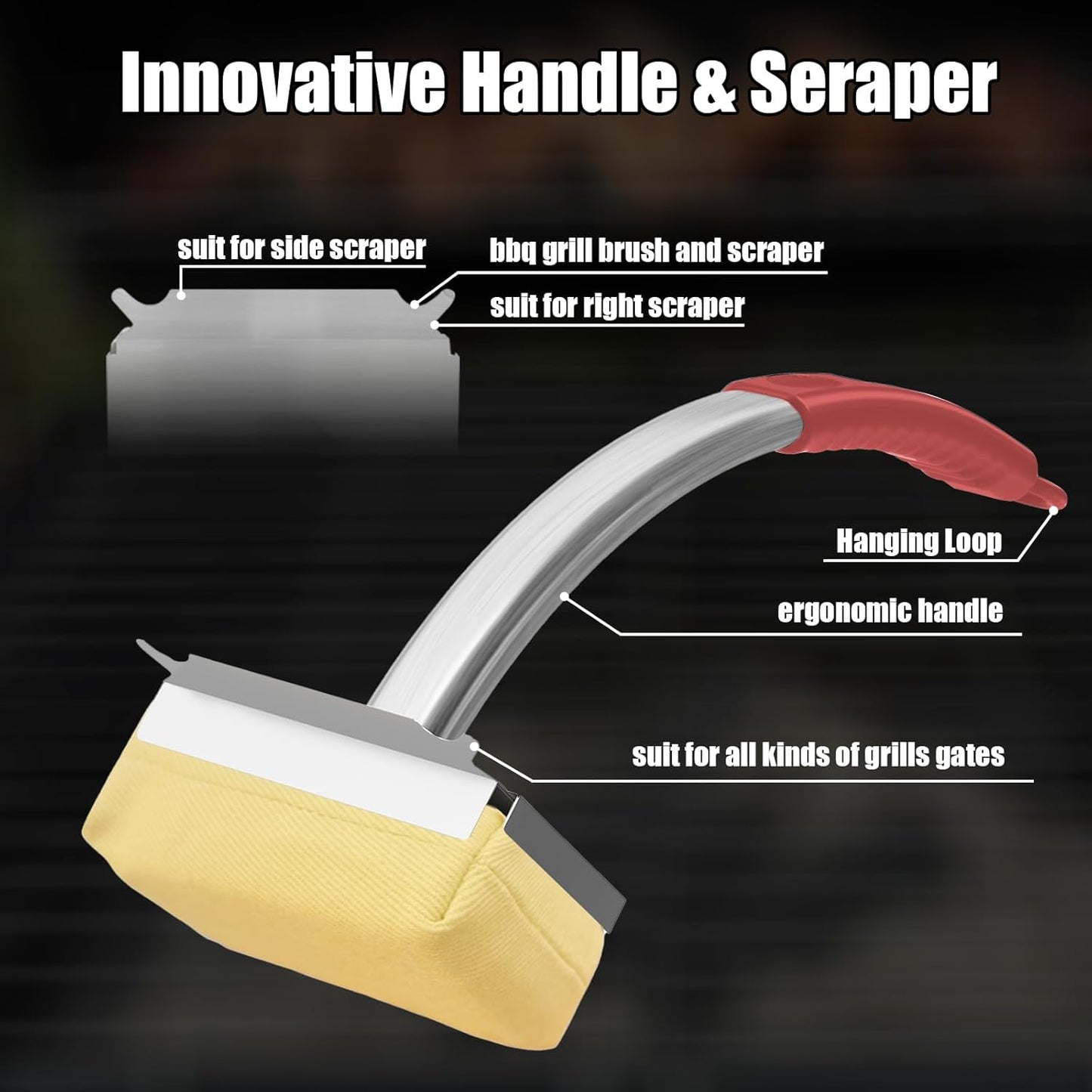 Grill Brush Bristle Free with Hanging Loop,BBQ Safe steam Grill Brush Non Metal bristles,Stainless Steel Cleaning Brush,Includes 2 Replaceable Heads Red