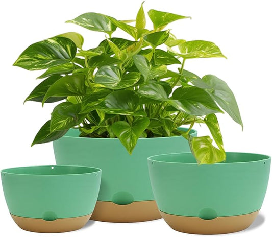 8/10/12 Inch Pots for Indoor Plants, Large Self Watering Planters with Drainage and Saucers, Plastic Outdoor Flower Pot, Set of 3, Green
