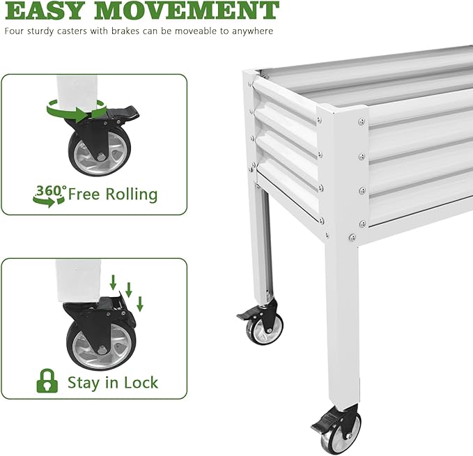 A ANLEOLIFE Galvanized Raised Garden Bed with Legs,48x24x35in Large Elevated Planter Box on Wheels with Drainage Holes for Backyard, Balcony, Patio, 600lb Capacity, Antique White