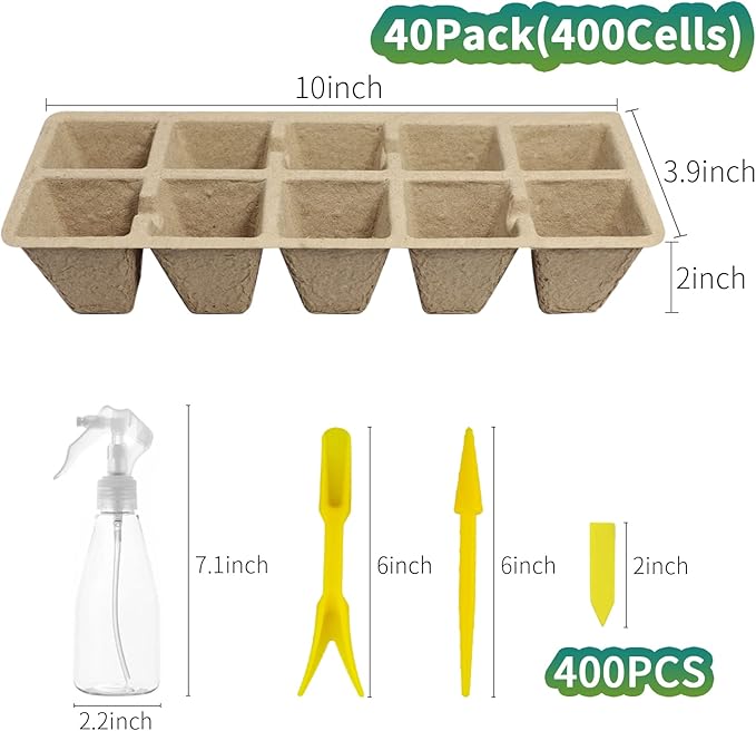 400Cells Seedling Start Trays with Drain Holes,40pcs Peat Pots Seedling Pots Biodegradable,Seedling Starter Kit,Organic Germination Plant Starter Trays(400xLabels,2xTransplant Tools,1xSpray Bottle)
