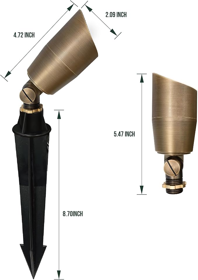 GKOLED 6 Pack Solid Brass Low Voltage Compact Spotlight, 12V AC/DC Waterproof Outdoor Landscape Spot Lights, Up Light with 5W 2700K MR16 Bulb for House Trees Garden Yard Lawn, Stake Included