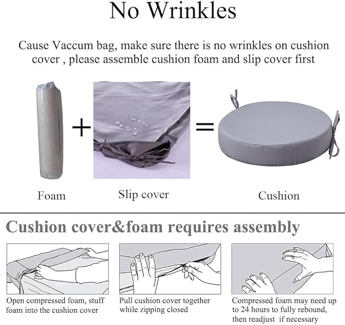 15 x 15 Inch Round Cushions for Outdoor Furniture Non-Slip Waterproof Patio Bistro Chair Cushion with Ties Bar Stool Seat Cushion for Kitchen Chairs Set of 2, Light Gray