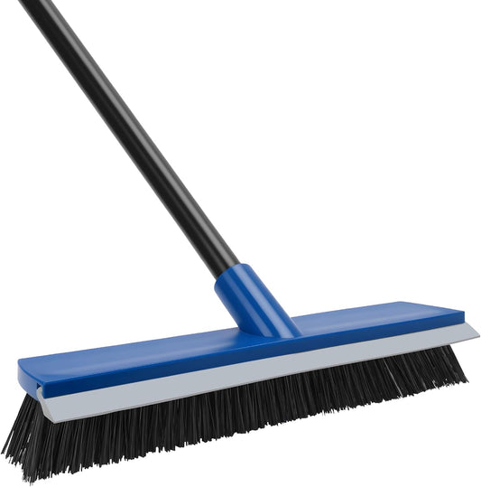 16 Inch Push Broom Outdoor 2 in 1 with Rubber Squeegee and Stiff Bristle Deck Brush 58" Long Handle for Deck Patio Garage Warehouse Driveway Concrete Floor Cleaning Scrubbing(Blue)